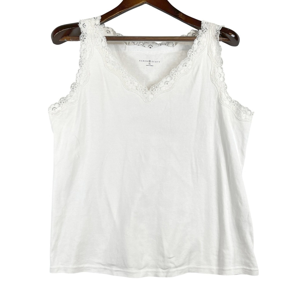 Karen Scott Women XL White Lace Trim Tank Top Sleeveless 100% Cotton Cottagecore